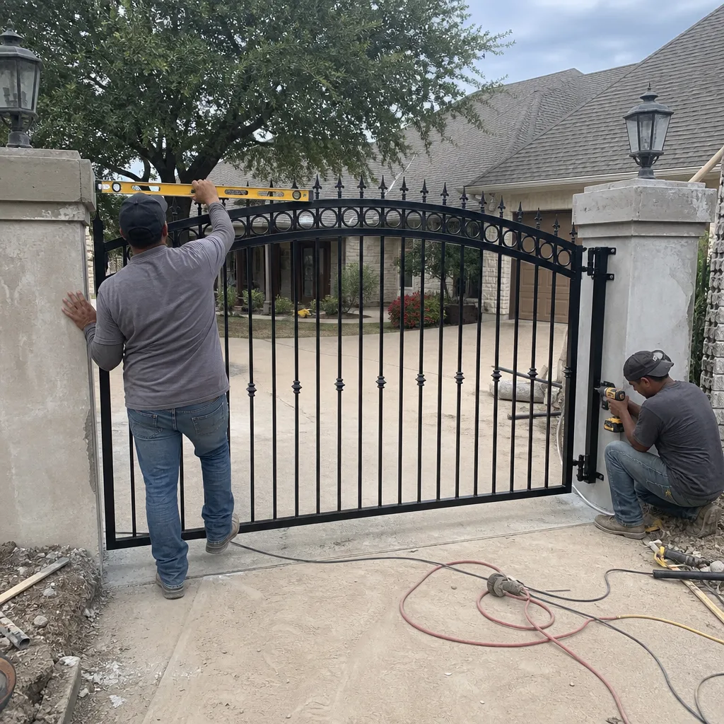 Two professional technicians installing a black iron residential gate