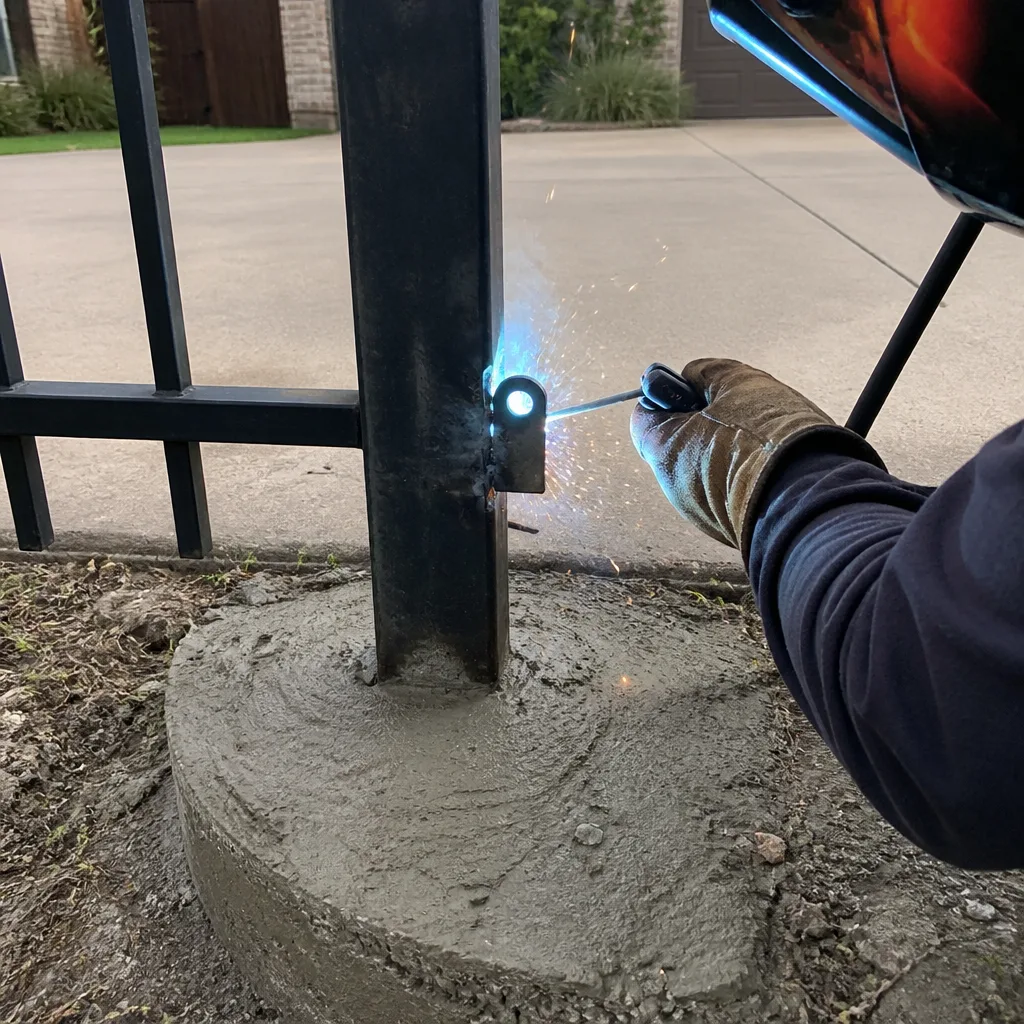 Welder performing professional metal fence and gate repair on a post