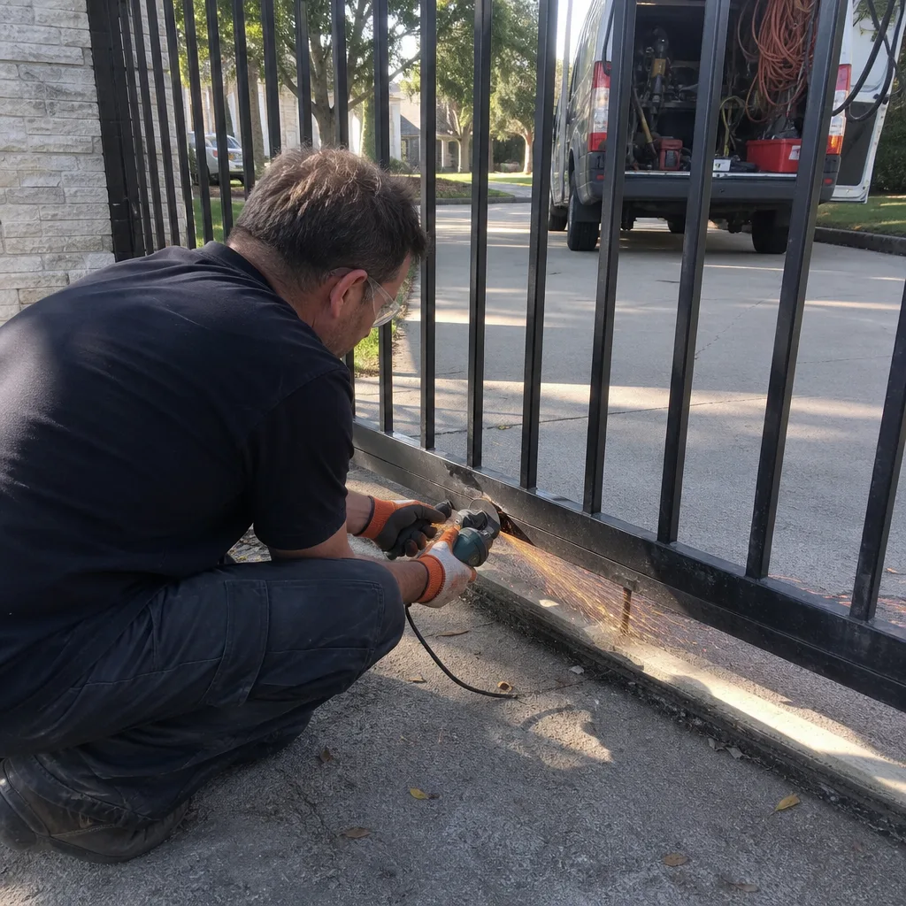 Technician using an angle grinder to repair a black metal gate